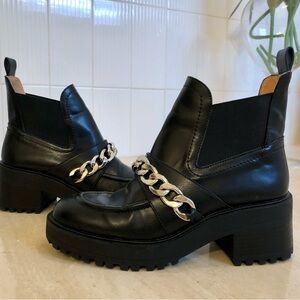 Zara Black Leather Chunky Chelsea Boots with Silver Chain